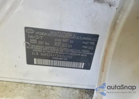 2017 Hyundai Sonata Se z USA, uszkodzony, nr VIN 5NPE24AF2HH565925